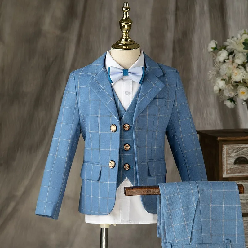 90-170 Boys Spring Blue Plaid Cos Play Photography Suit Teenager Kids Birthday Ceremony Costume Children Wedding Party Dress