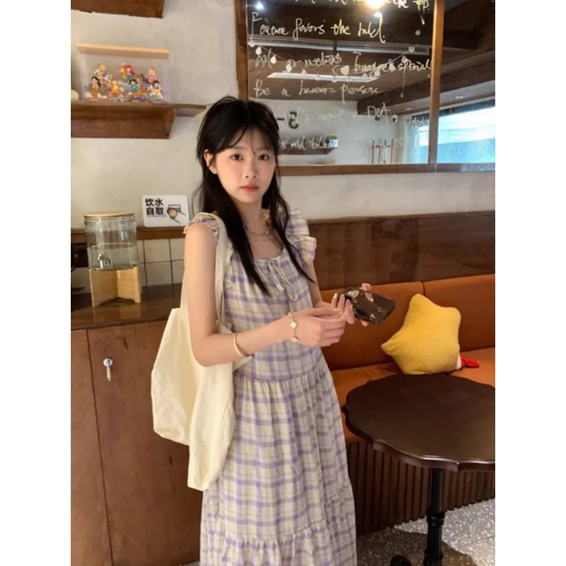 

Retro Women Dress Flying Sleeve Plaid Loose A-line Dresses Vintage Preppy Contrasting Casual Skirts Hot Girls Female Clothes