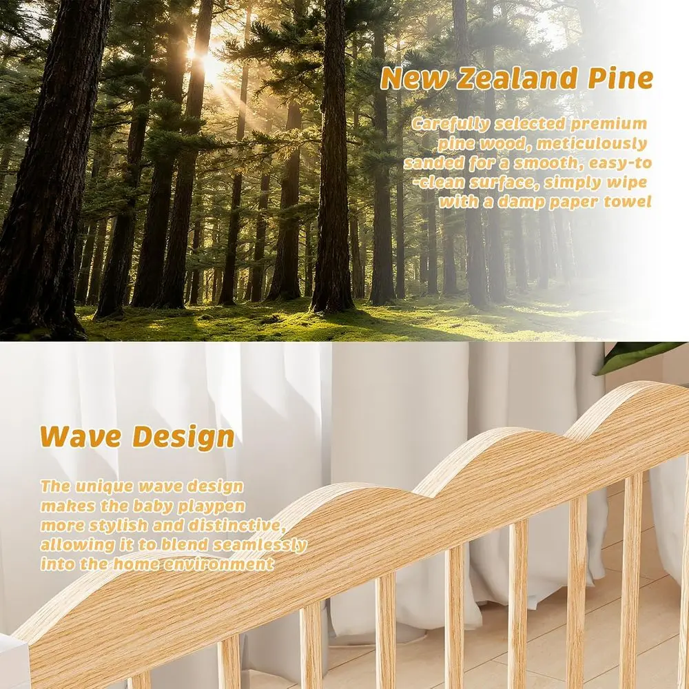 روضة أطفال محمولة من الخشب الطبيعي مع أكواب شفط للأطفال والرضع، منطقة لعب كبيرة جدًا قابلة للطي