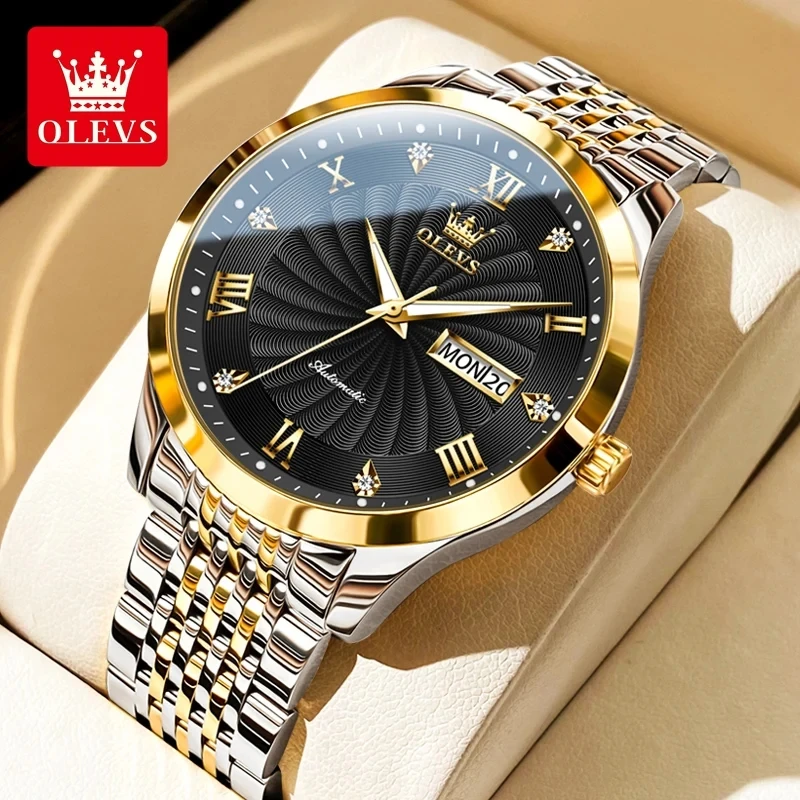 

OLEVS 6630 Stainless Steel Mechanical Men's Watches Luxury Whirlwind Dial Dual Calendar Business Automatic Wrist Watch for Men