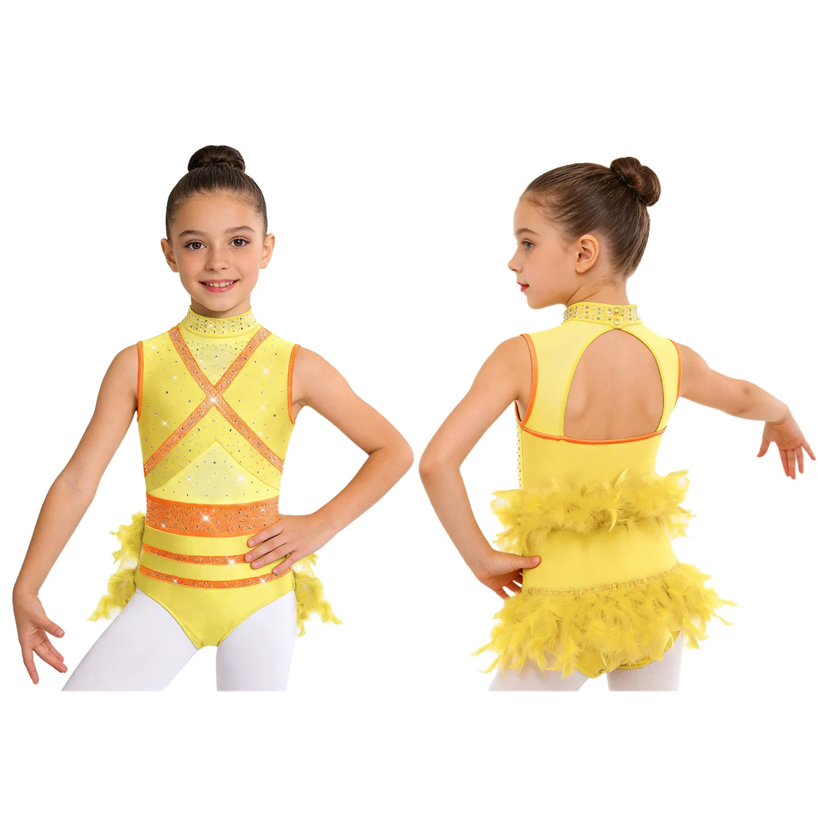 Kids Girls Latin Ballet Dance Costume Bodysuit Mock Neck Sleeveless Mesh Patchwork Shiny Rhinestone Leotard Modern Dancewear image 3
