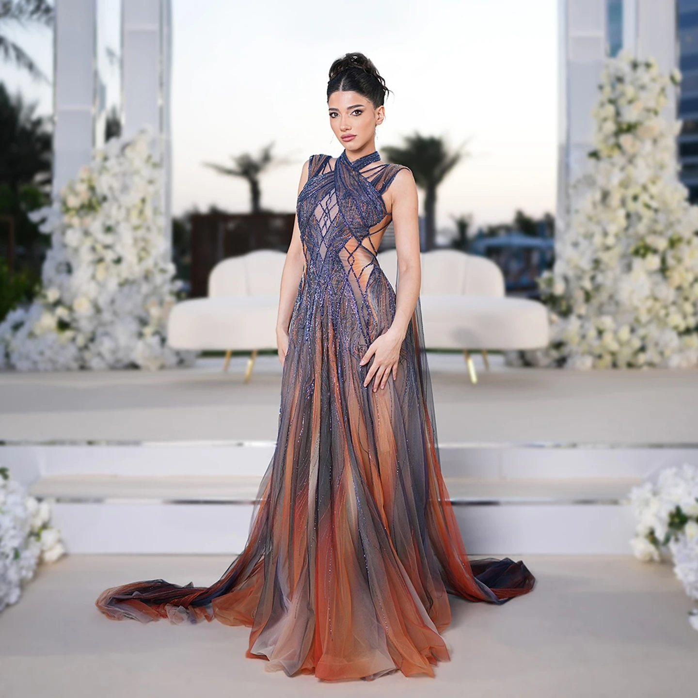 

Sharon Said Luxury Beaded Mermaid Evening Dress With Cape Sleeve Halter Criss Cross Party Prom Gowns For Women SS297 Customized