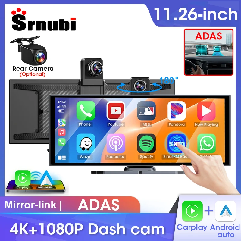 

Srnubi 11.26" Dash Cam 4K ADAS DVR Wireless CarPlay & Android Auto Driving Recording 24h Park Monitor Black Box GPS Navigation