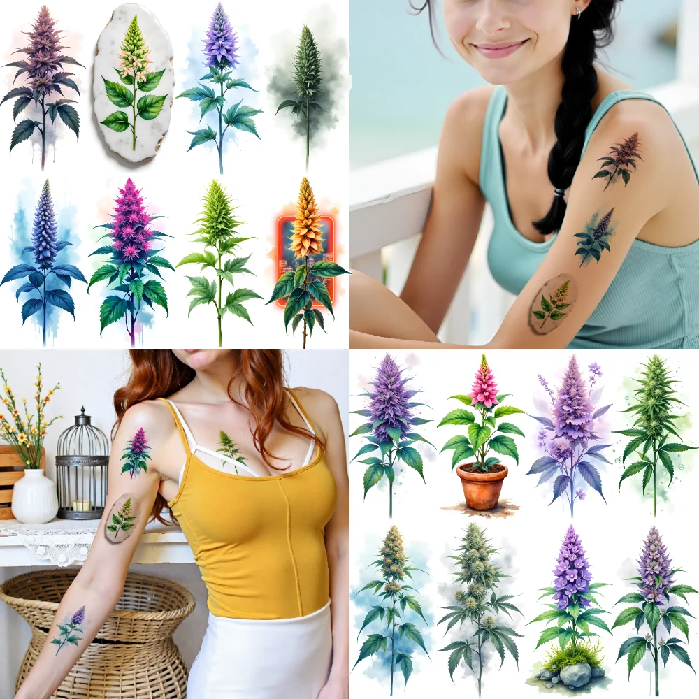 

9pcs Temporary Tattoo Plant Illustrations Watercolor Flower Drawings Waterproof Long-lasting Body Stickers For Cheeks