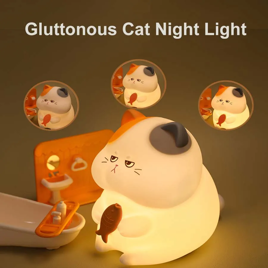 Cute Cat Night Light Silicone Touch Patting Lamp Fun Cat and Fish Night Lamp Rechargeable Timing Children Gift Bedroom Lamp