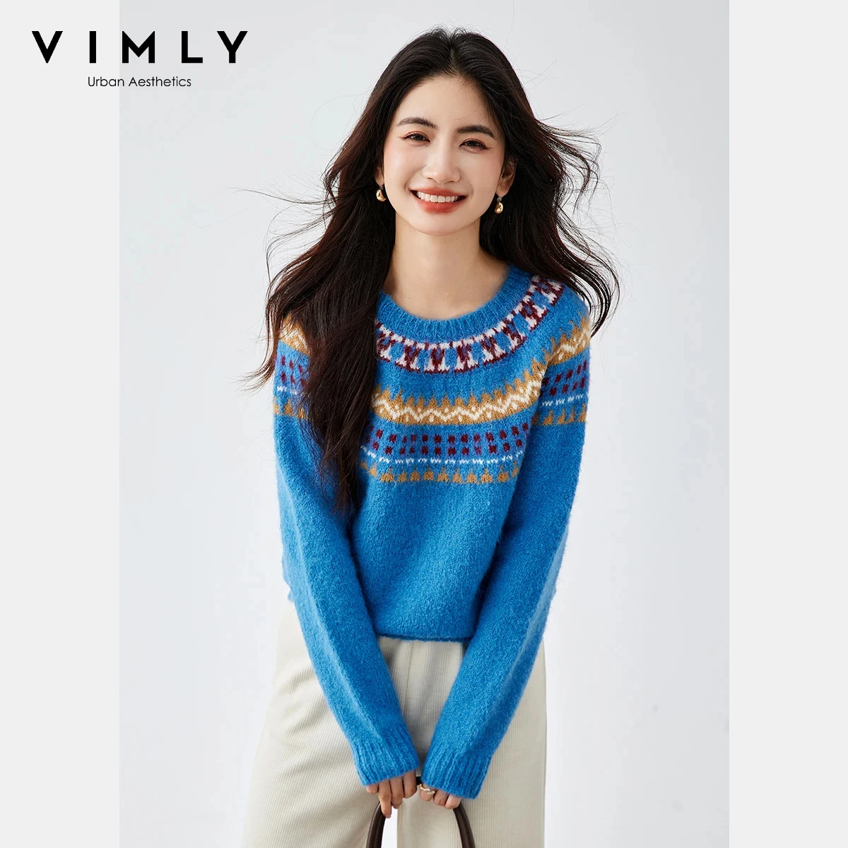 

VIMLY Blue Sweater Women Winter 2025 Vintage Round Neck Knitted Jacquard Pullover Office Lady Thick Oversize Ladies Tops 75256
