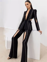 Rhinestones ile seksi Cut-out kadınlar Suit Set tek düğme geniş bacak pantolon smokin seti uzun kollu resmi parti kıyafeti