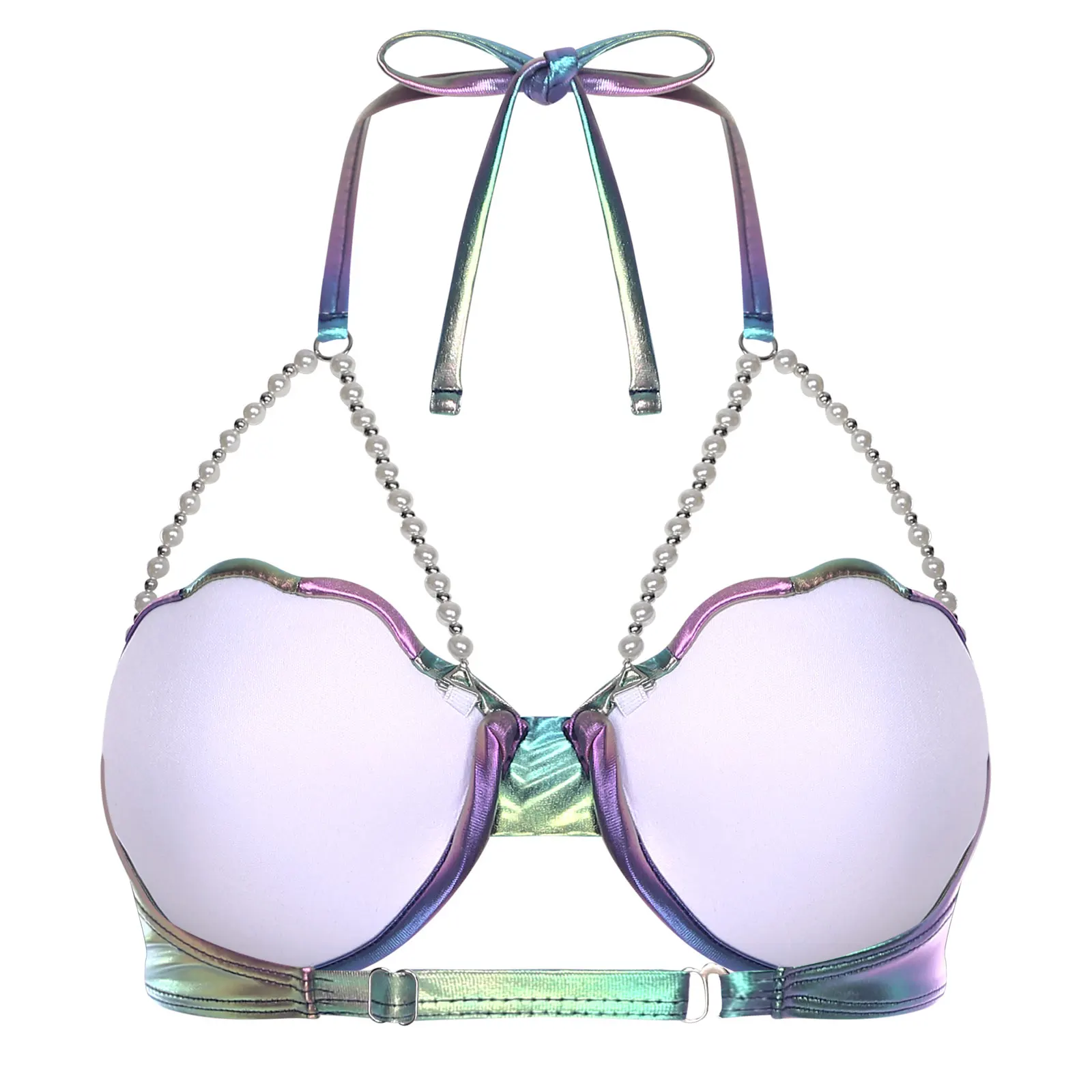 여성 인어 브라 탑 홀터넥 진주 체인 조개껍질 비키니 브라 약간 패드가 있는 브라 탑 하와이 해변 파티 수영복