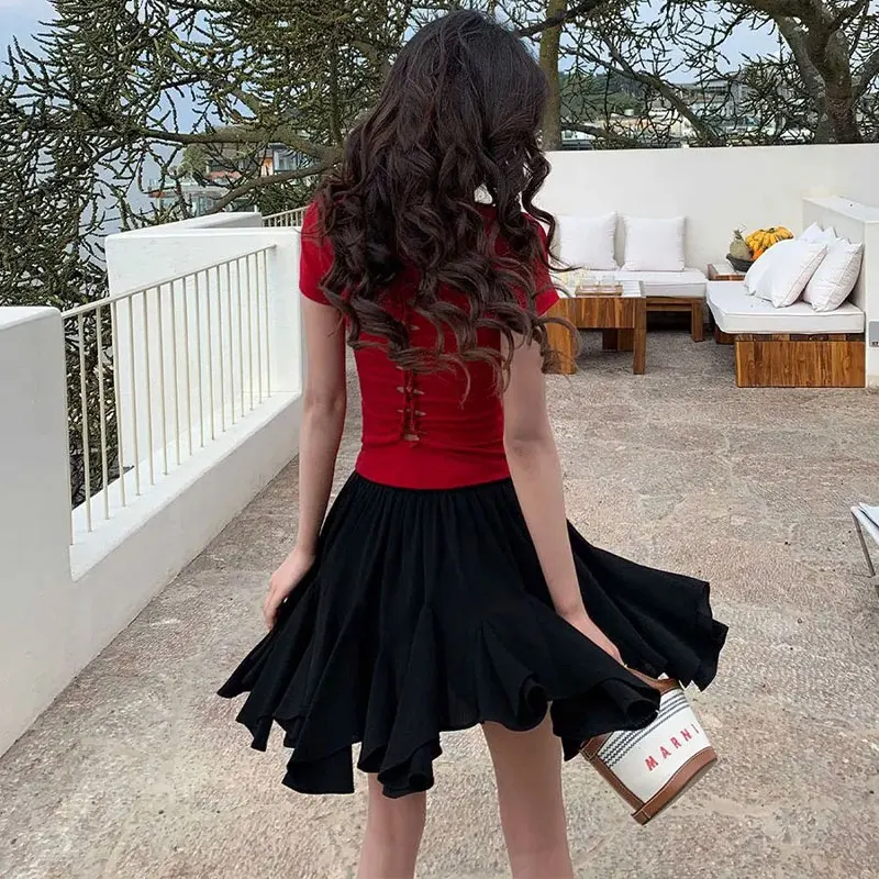 Women Black Elastic Waist Ruffle Mini Skirts Irregular Asymmetric Hem Flowy Pleated A Line Solid Color Basic Short Skater Skirts