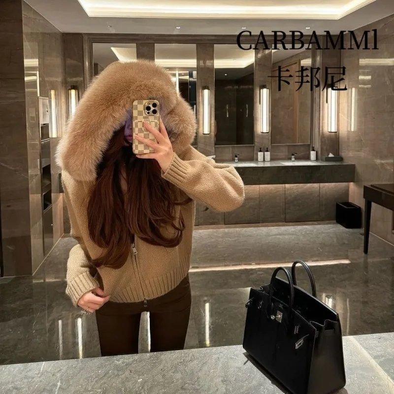

Sweet Hot GirI Maillard Style Hooded Short Coat Women's Autumn/Winter Fur Collar Long-sleeved Knitted Cardigan Female Clothes