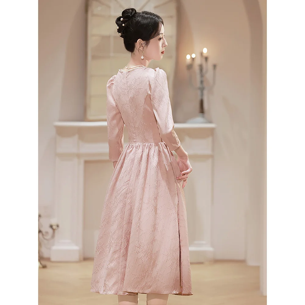 Elegant Evening Dress for Party French Style Pearl Beading Collar Long Sleeve Engagement Pink Dresses Banquet Formal Ball Gowns