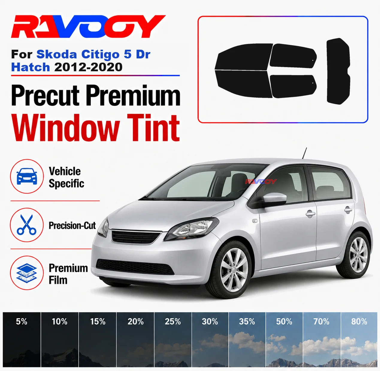 Premium Precut Window Tint Kit Front Windows Rear Windows Rear Windshield For Skoda Citigo 5Dr Hatch 2012-2020 Nano Ceramic Film