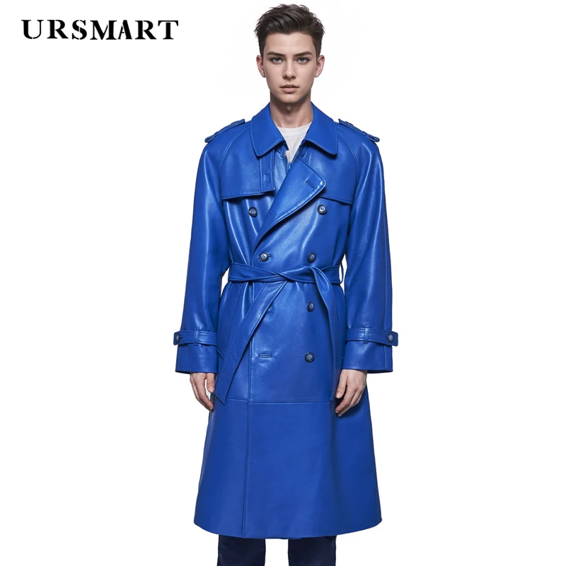 

Men's Genuine Leather Windbreaker Classic Blue Double breasted Long Personalized Fashion Custom Sheepskin trench Coat for men