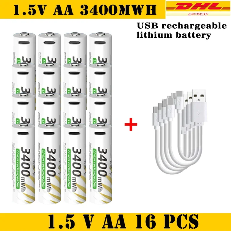 جديد 1.5 فولت AA 3400mWh + AAA 800mWh USB-C بطاريات ليثيوم قابلة للشحن 1000 دورة لعبة التحكم عن بعد مصباح يدوي النقل الجوي #2