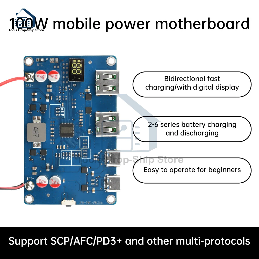 

2-6S 100W PD QC Bidirectional Fast Charging Module DIY Mobile Power Motherboard Temperature Control Electricity Display
