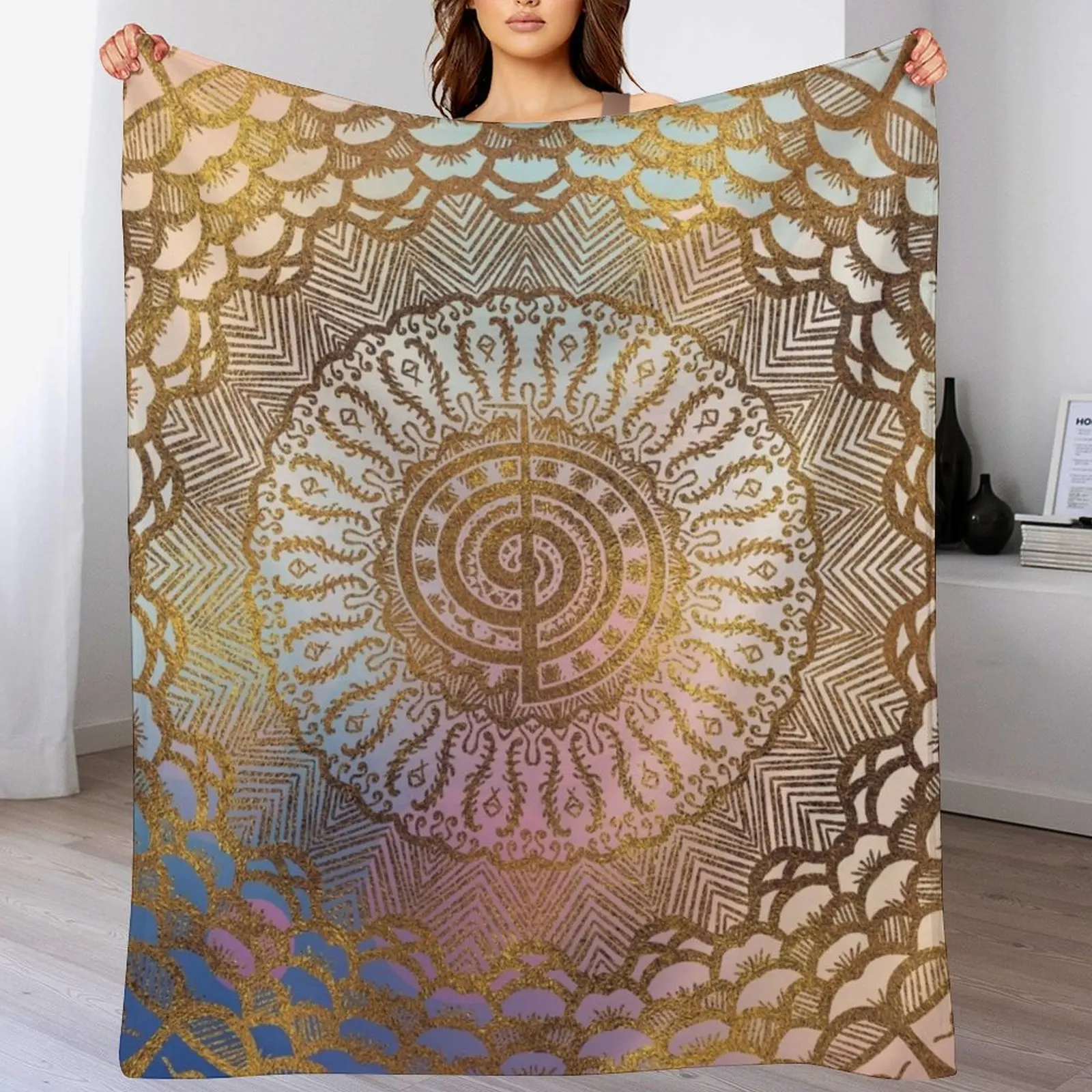 

Gentle Pastel and Gold Choku Rei Symbol in Mandala Throw Blanket Cozy Napping Blanket Gift for Mom Dad