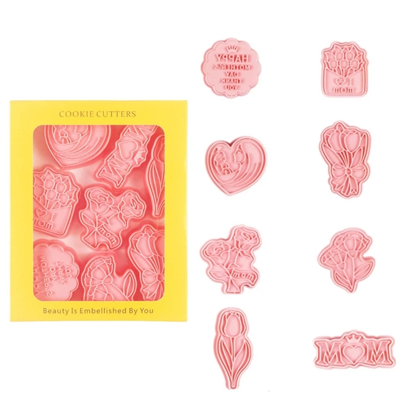 8Pieces Plastic Biscuit Moulds Easy to Use Biscuit Stamps Mothers' Day Theme Plastic Cookie Molds for Special Greetings