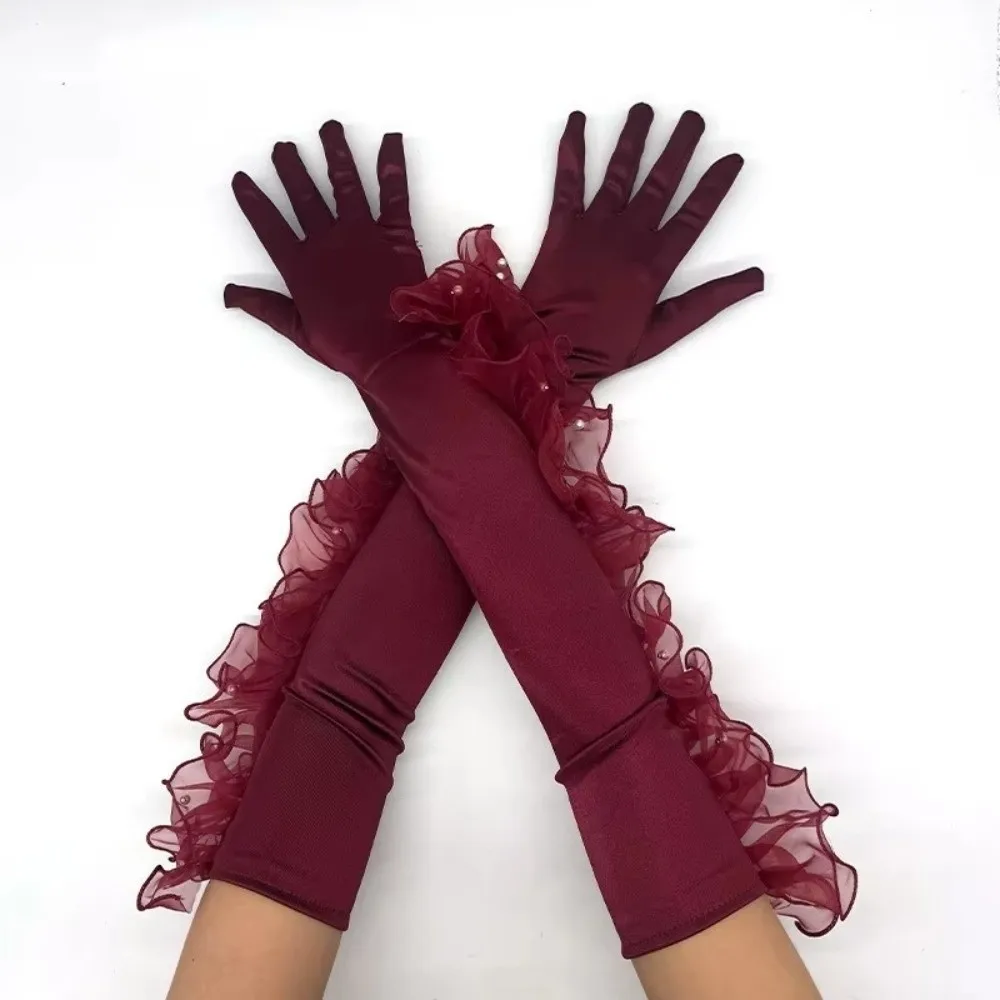 Elegant Organza Ruffle Long Opera Gloves Pearl Trim Ruffle Trim Satin Gloves 55CM Stretchy Fit Lace Gloves Dance Performance