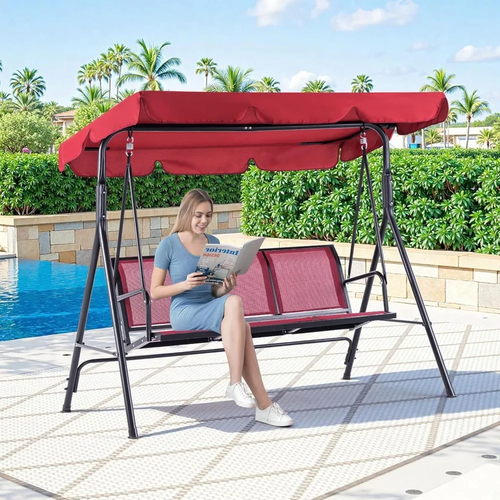 

Outdoor Patio Canopy Swing Chair 3-Person, Steel Frame Textilence Seats Swing Glider (Burgundy)