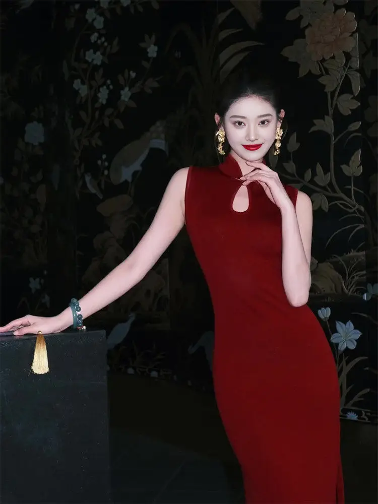 

Ele Red Knitted Qipao Dr Wedding Ceremony Engagement Par Long Qipao Chinese Sle Women's Faion Dr
