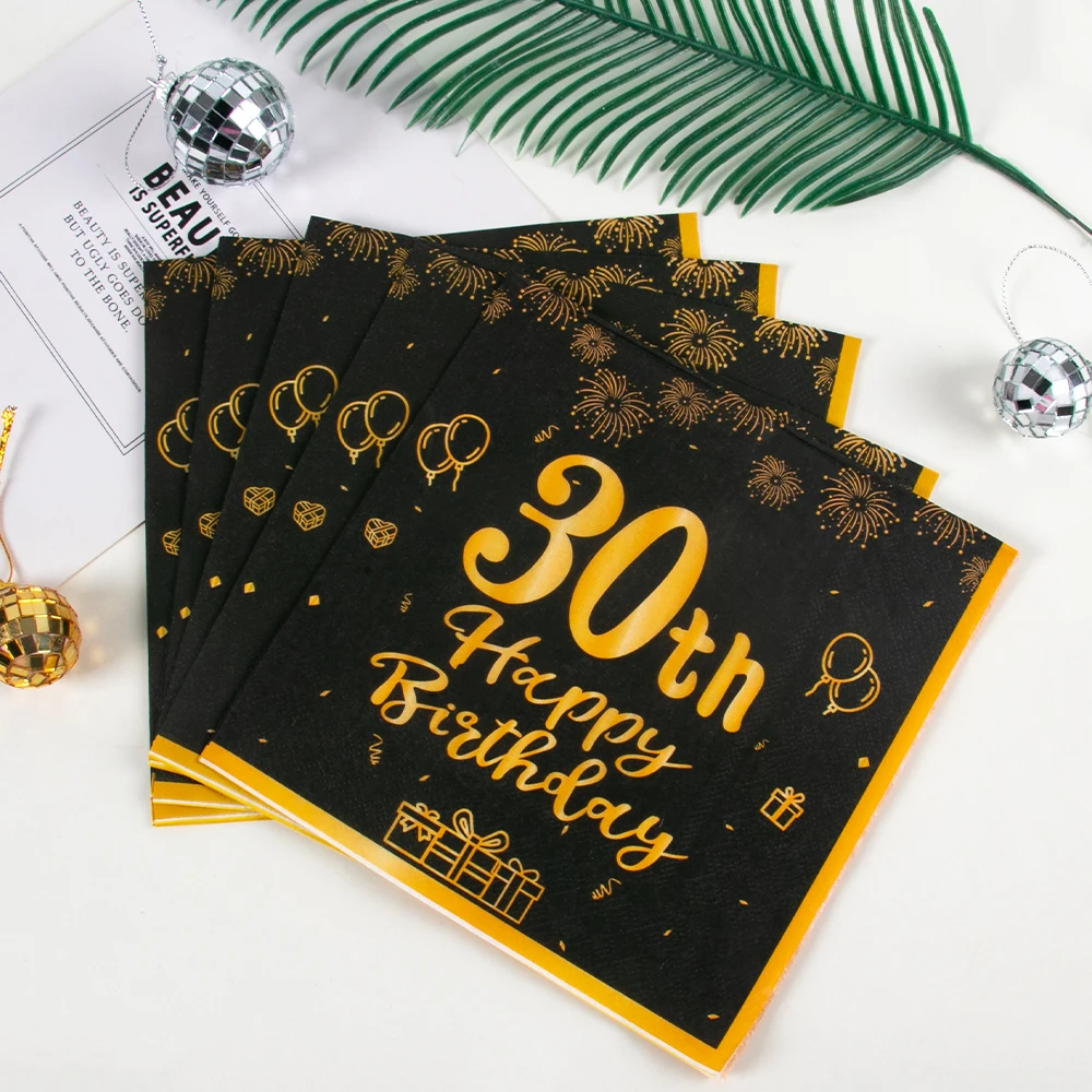 20Pcs Adult Birthday Party Black Gold Paper Napkins 30th 40th 50th 60th Happy Birthday Napkins Birthday Anniversary Supplies