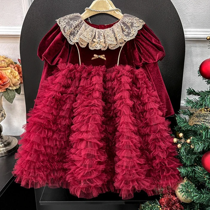 

Girls Skirt 2025 Autumn and Winter New Childrens Clothing Korean Style Girl Baby Sweet Christmas Velvet Lace Puffy Gauze Skirt