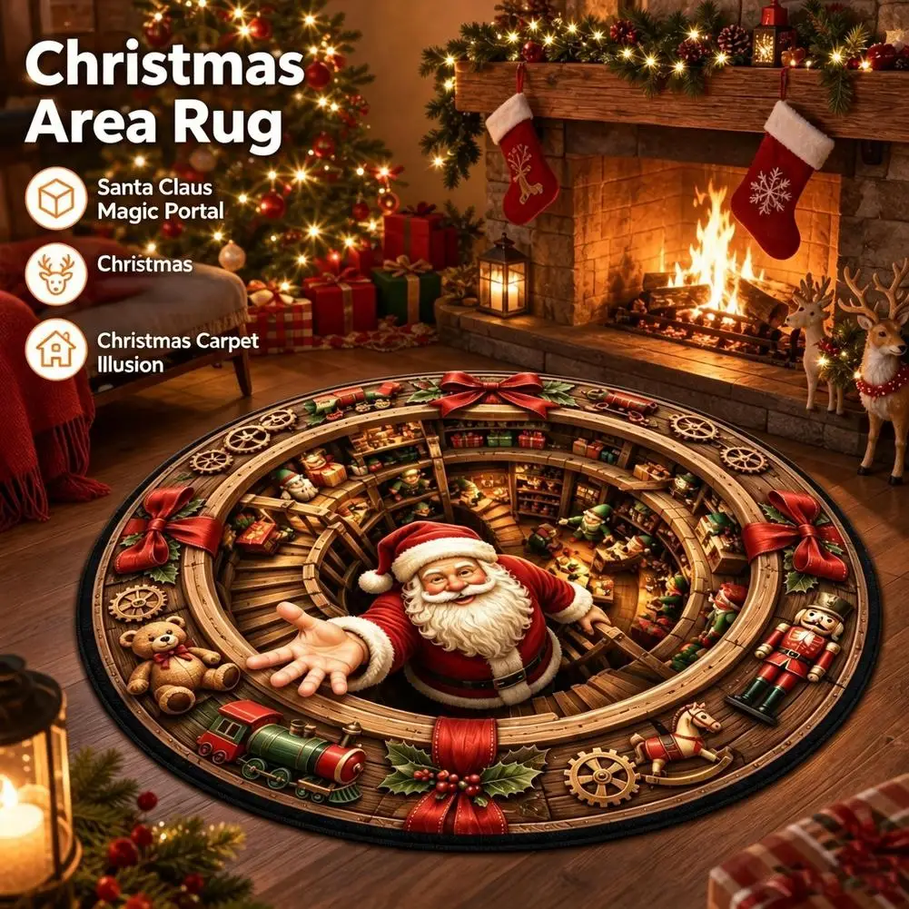 Santa Claus Illusion Doormat 3D Christmas Round Rug Chimney Hole Non Slip Magic Portal Carpet Living Room Floor Xmas Decor