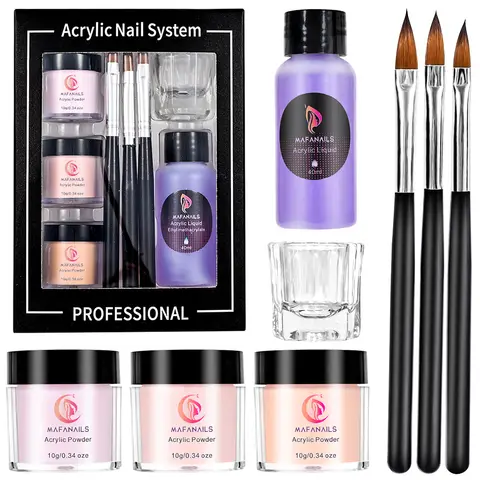 아크릴 파우더 및 리퀴드 네일 키트, 3 색 투명 핑크 화이트 아크릴 파우더, 전문 브러시 포함, 초보자 네일 세트, 8 개/세트