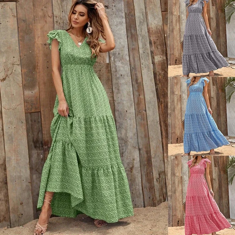 

2024 Summer New Women Bohemian V-neck High Waist Printed Holiday Long Dress Fashion Printed Female Vestidos