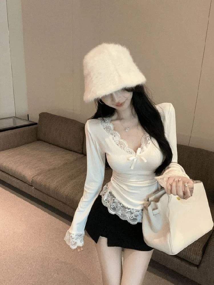 Y2k 의류 여성용 티셔츠 솔리드 화이트 봄 가을 기본 섹시한 여성복 한국 패션 레이스 티셔츠