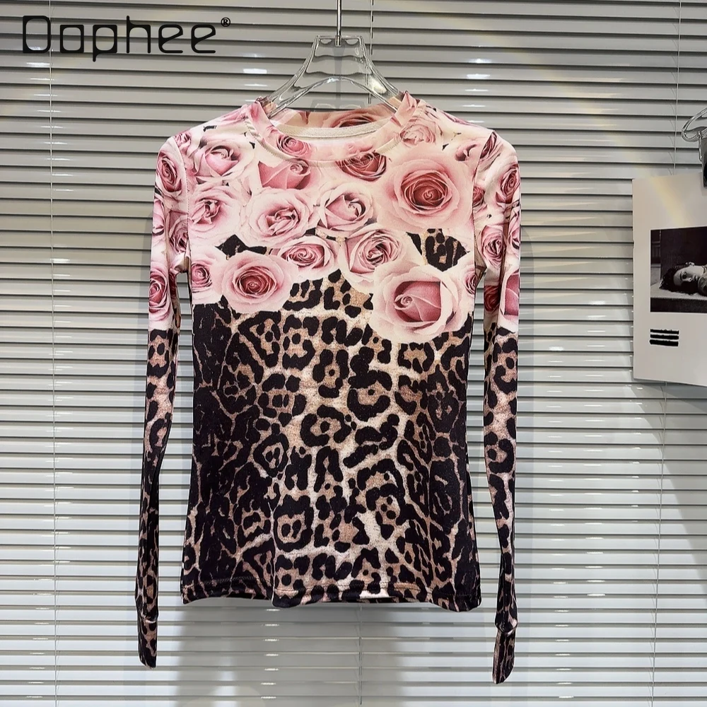 

Vintage Rose Contrast Color Leopard Pattern T-shirts for Women 2024 Spring New Woman Aesthetic Round Neck Long Sleeve Undershirt