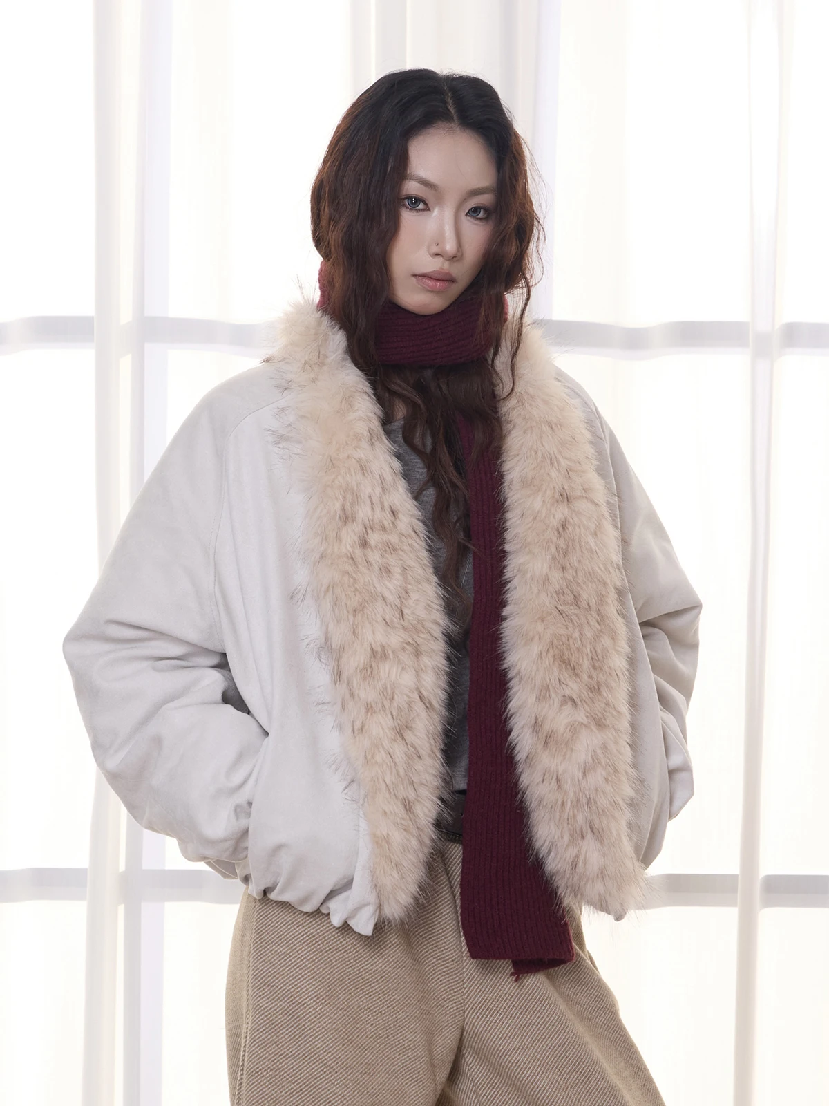 

Antsstna American Retro Winter New Warm Fur Collar Loose Casual Deerskin Cotton Jaet Women's Coat Outerwear Long Sve