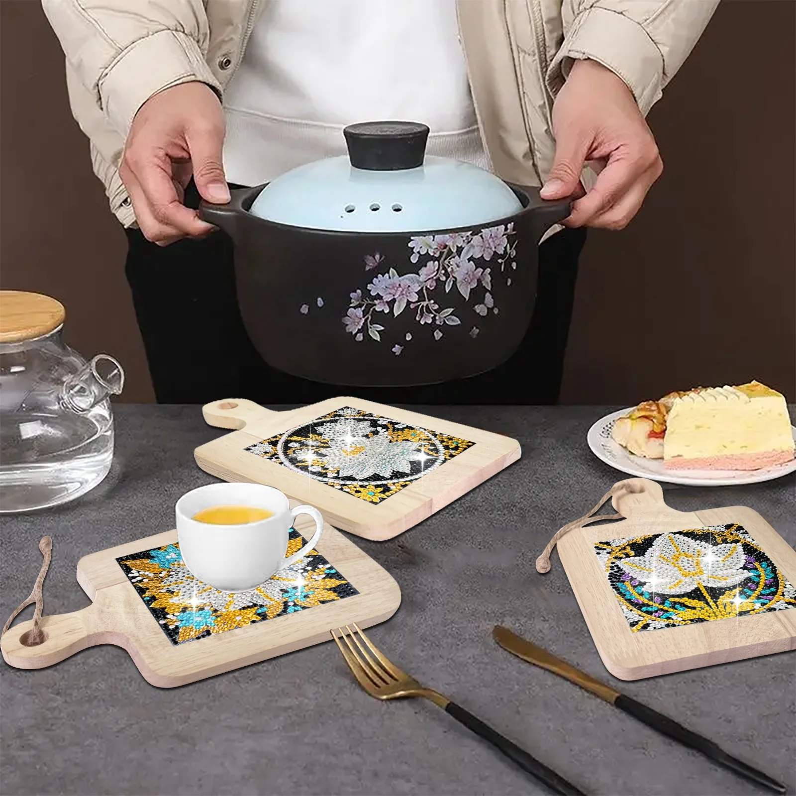 4 قطعة DIY الزهور الماس اللوحة صينية شاي خشبي حصيرة مع مقبض مكافحة السمط لوحة حصيرة الخشب منصات ساخنة لمنظم المنزل #5