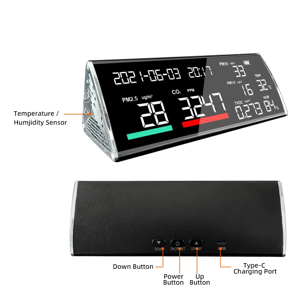 كاشف جودة الهواء CO2 PM2.5 عالي الجودة متعدد الوظائف باللون الأسود مع منفذ TVOC لدرجة الحرارة والرطوبة من النوع C ضمان لمدة سنة واحدة