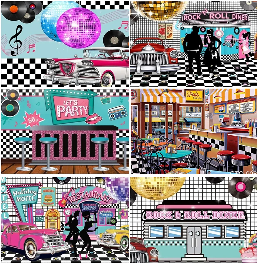 Fondo de fiesta de cumpleaños de Rock Roll, fondos fotográficos Retro, hora de comedor, tienda de comida rápida, baile de bola, tema de música, 50s
