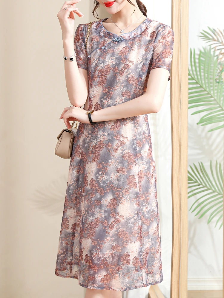 

Летнее длинное платье-ципао для мам среднего и старшего возраста, модная юбка до колен из полиэстерового жоржета