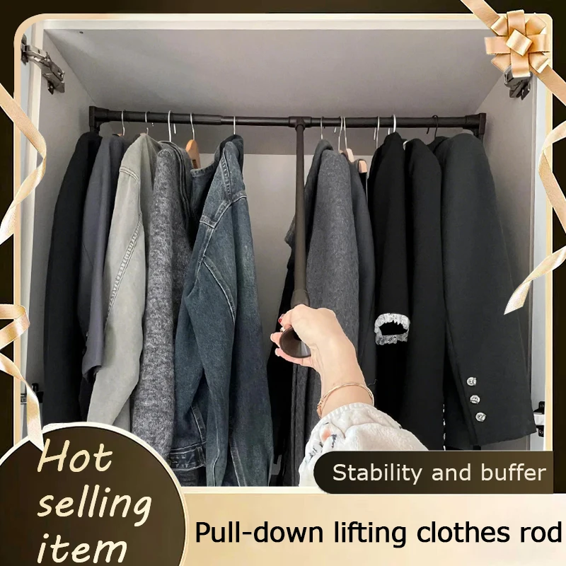 

Hydraulic Drop Down Hanging Rod Retractable Pull Out Clothes Rack Wardrobe Adjustable Dressing Storage Organizer Home Use