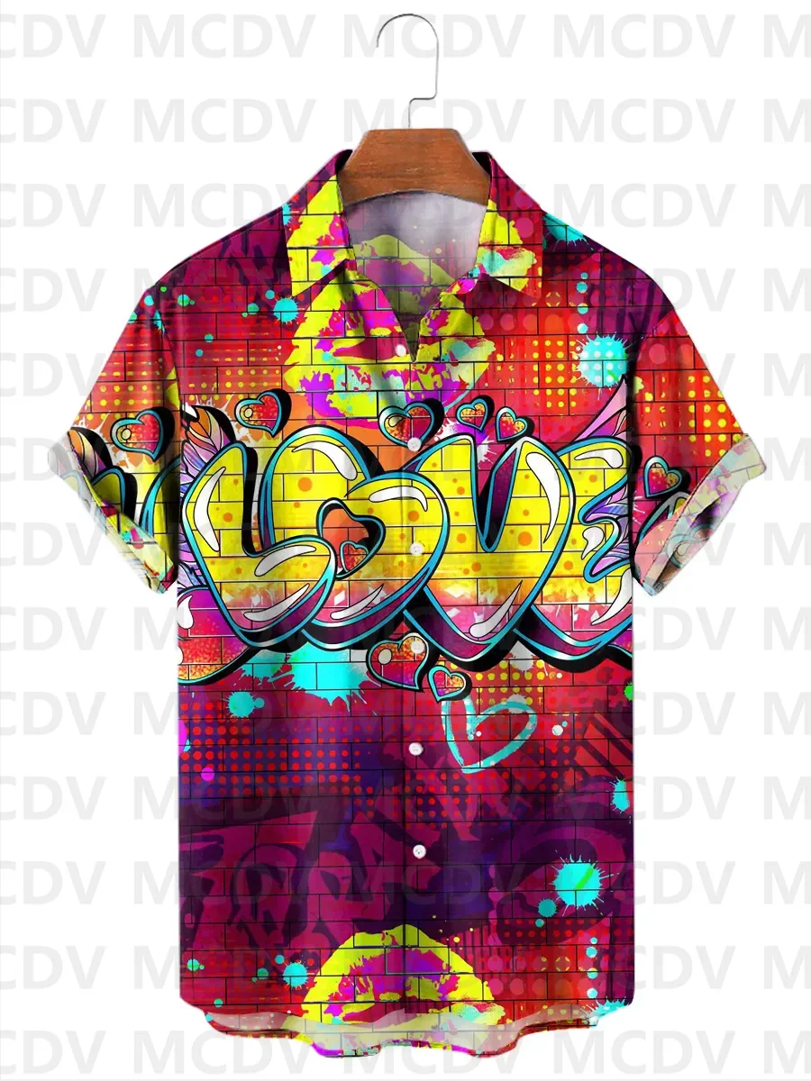 Men's Hawaiian Shirt Love Music Colorful Guitar Print Button Down Shirt