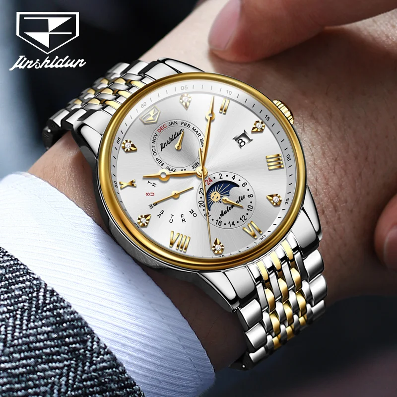 JSDUN Automatic Mechanical Watch for Men Stainless Steel 50Metres Waterproof Date Week Calendar Window Wristwatch TOP Brand 8946