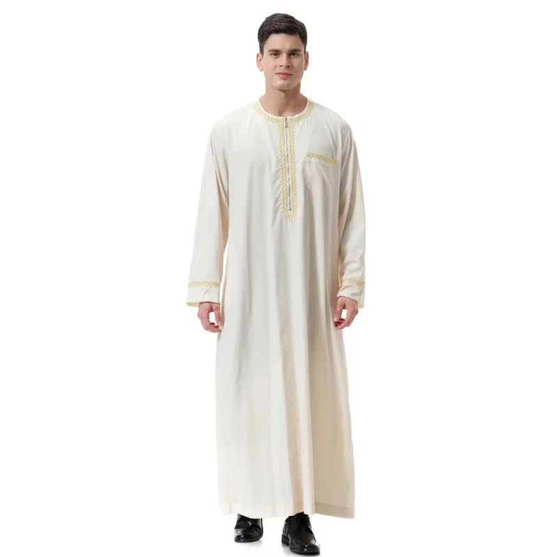 2025 NEW  Middle Muslim Men Clothing Solid Color Long Sleeve Round Neck Thobes Men  Zipper Expensive Jubba Men for Saudi Arabia