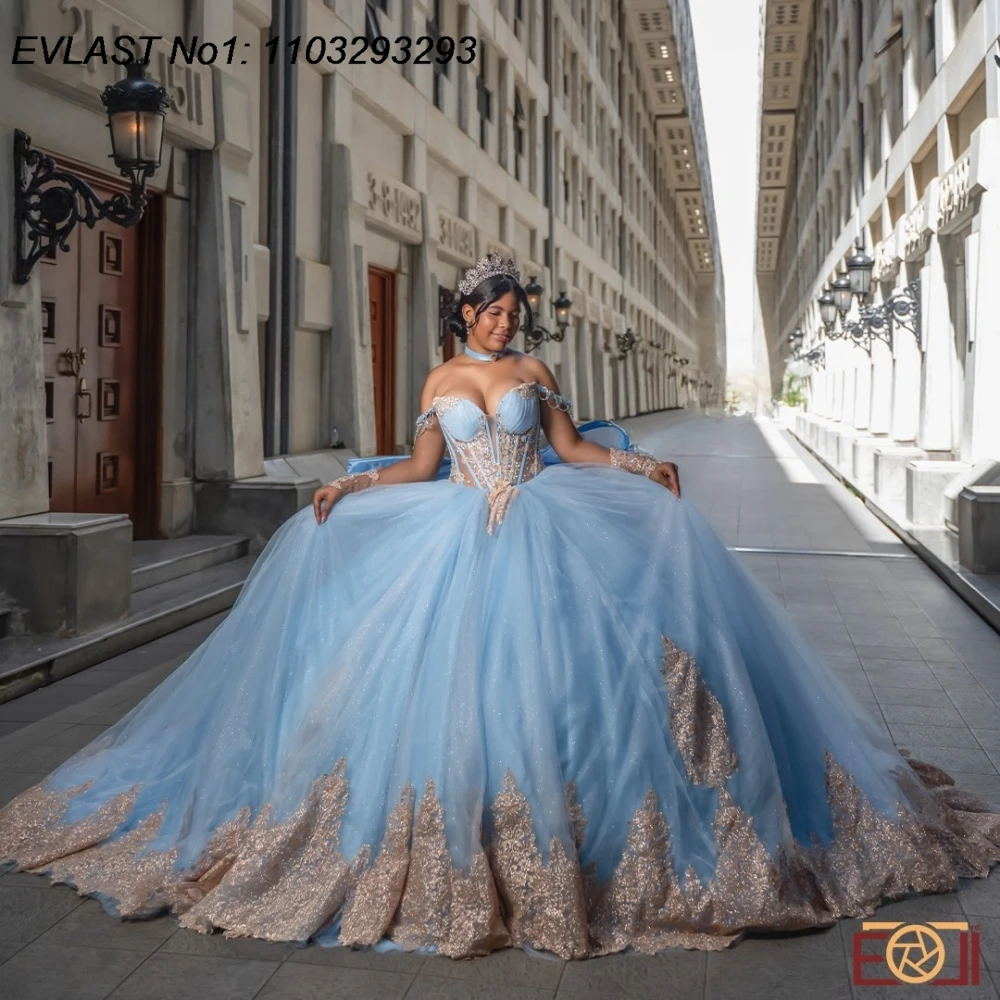 EVLAST Personalizzato Lucido Blu Floreale Abito Quinceanera Abito di Sfera Oro Applique di Pizzo Che Borda Dolce 16 Abiti Da 15 Anos E1QN643