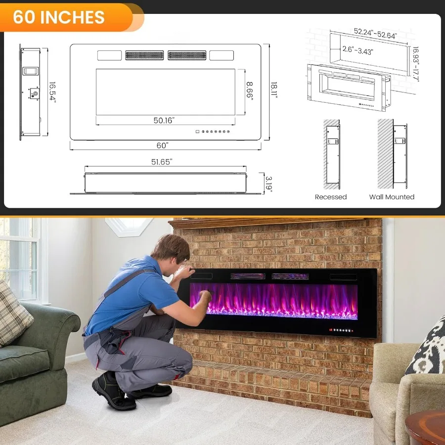 60 مدفأة كهربائية ذكية يتم التحكم فيها بتطبيق WiFi لغرف المعيشة الحديثة وغرف النوم، تصميم خطي رفيع للغاية مع راحة و