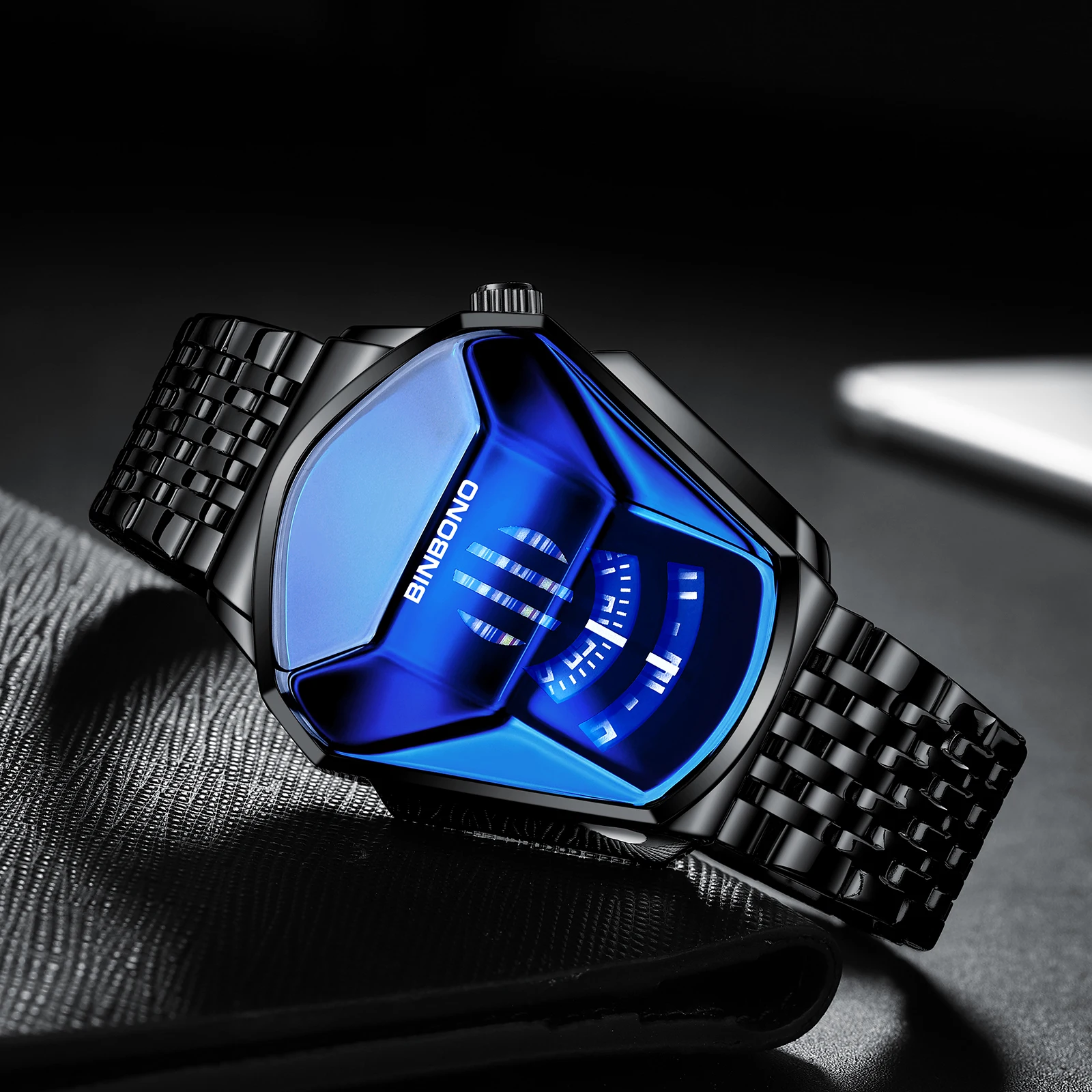 BINBOND Luxury Men Popular Fashion Motorcycle Concept Quartz Watch Luminous Steel Band Watch Touch Screen Black Technology Watch