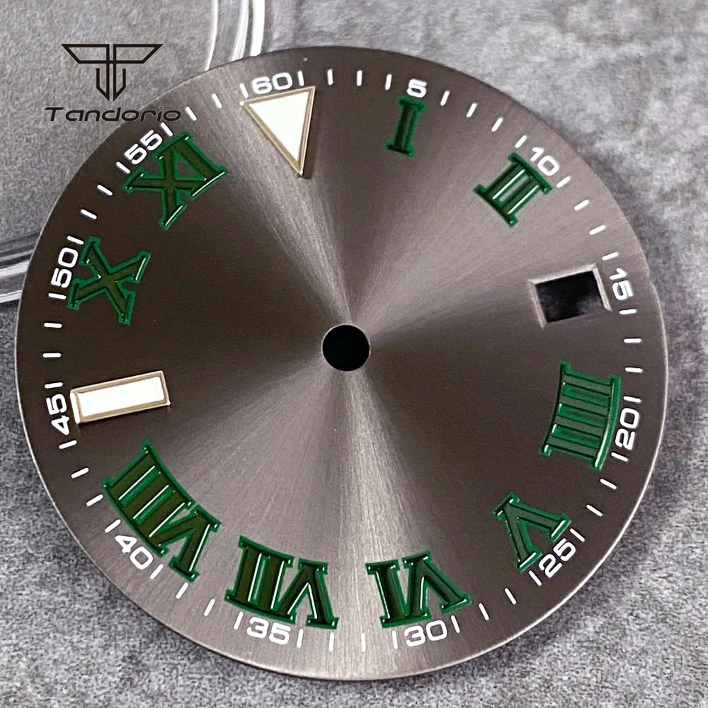 29 มม.สีเทา Sunburst นาฬิกา Dial Face Fit NH35 สีเขียวโรมันเครื่องหมายวันที่หน้าต่างมือชุดผู้ชายนาฬิกาอัตโนมัติ Mod อุปกรณ์เสริม