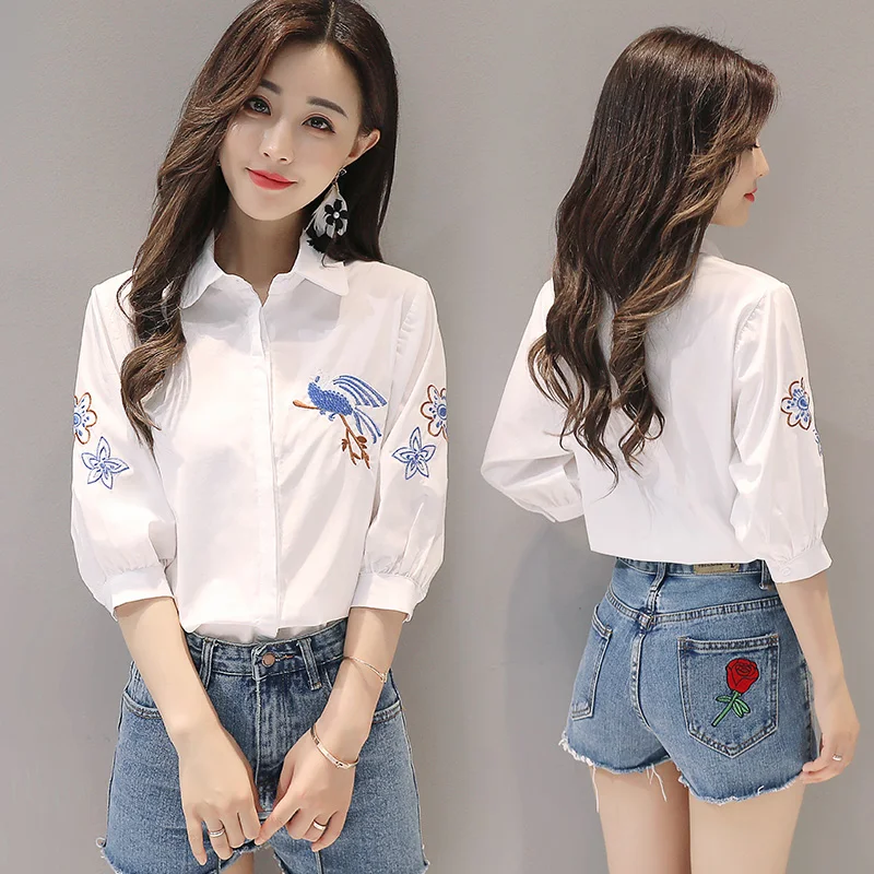 It Goes with Everything Embroidered Summer Five-point sleeve Shirt 2023 New Literary Women Temperament Lapel Casual Tops