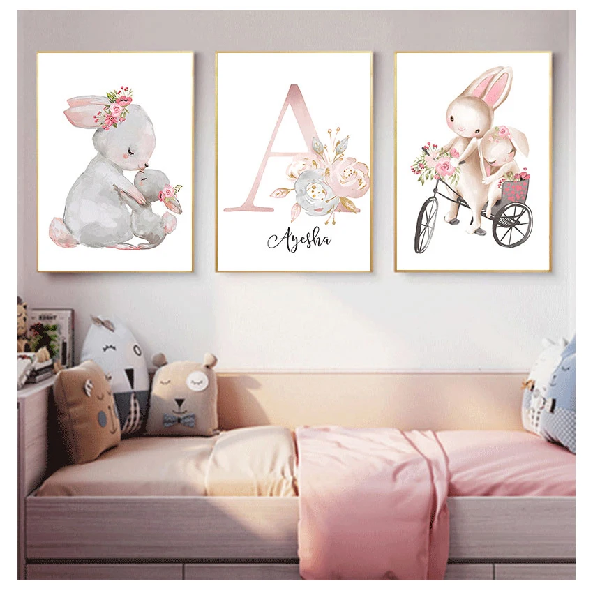 Custom Name Poster Bunny Print Nursery Wall Art Pink Flower Pictures Nordic Baby Room Decoration Rabbit Canvas Painting Girl\'s