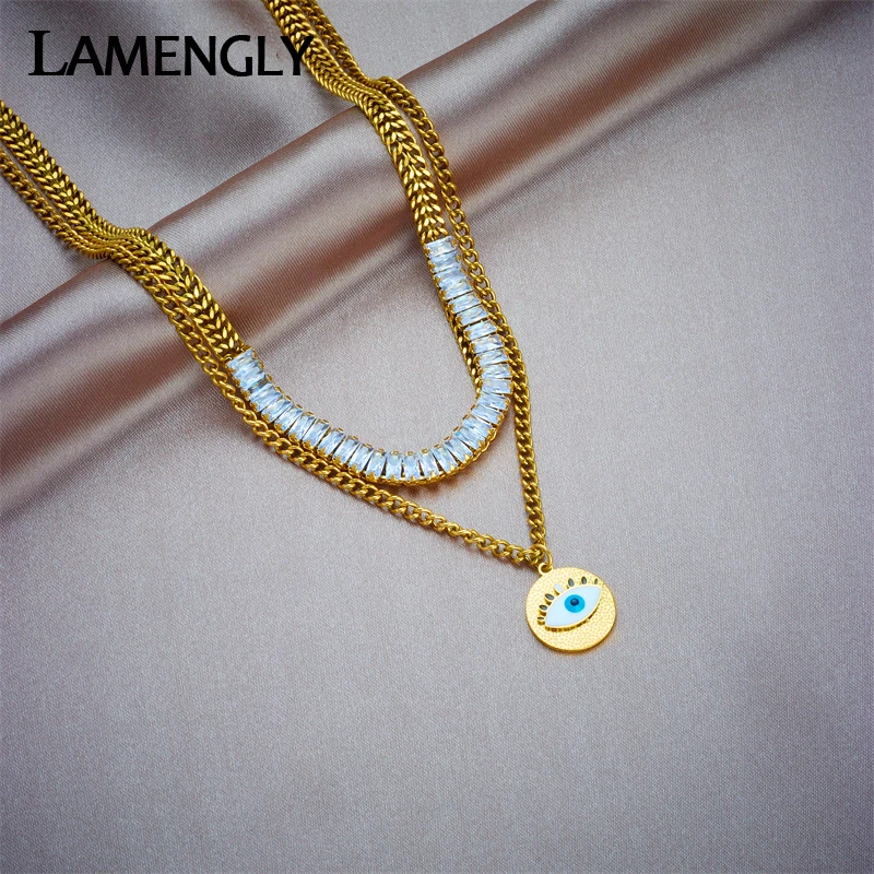 LAMENGLY 316L Stainless Steel Round Big Eye Pendant Necklace For Women Fashion New Multilayer Zircon Chain Jewelry Gift Collar