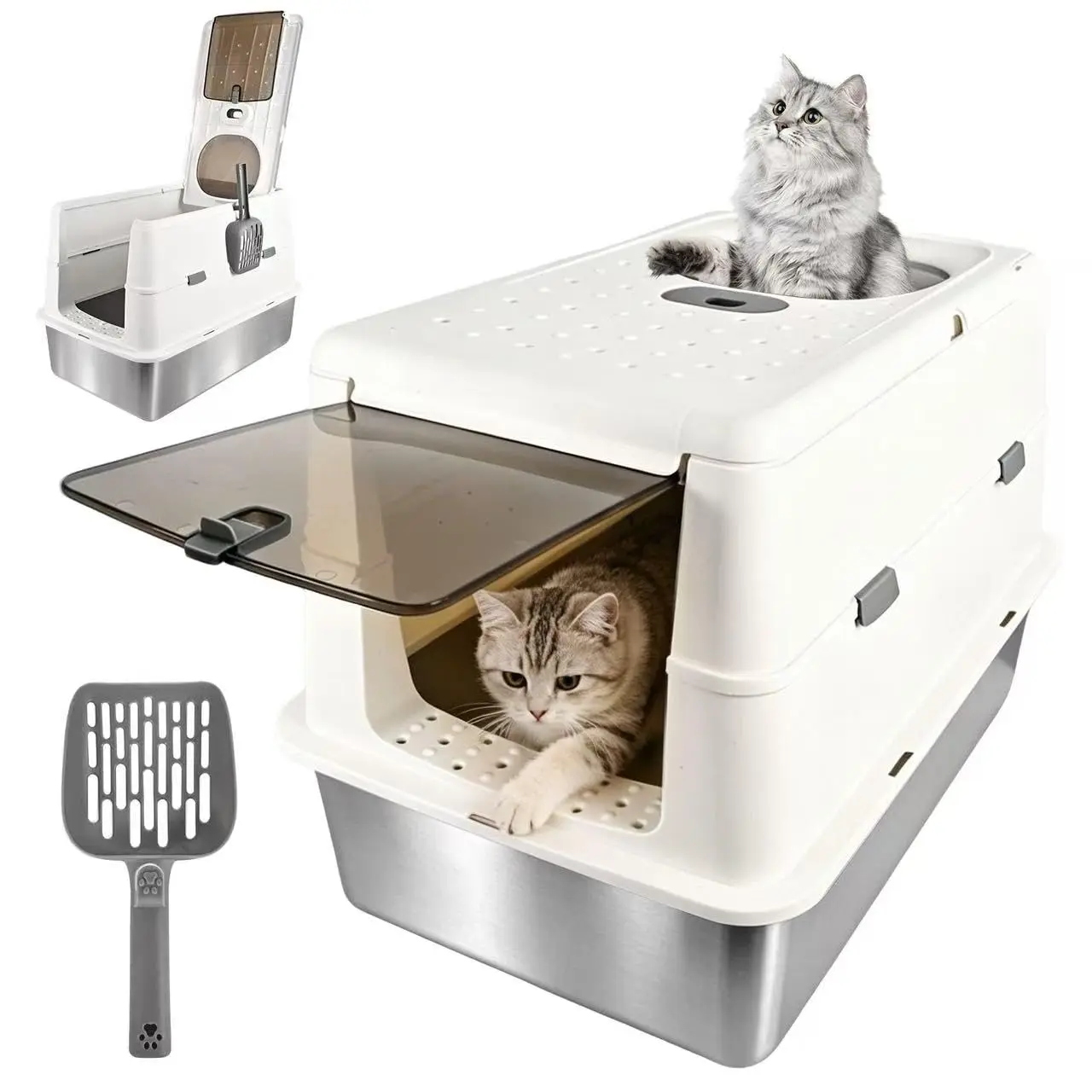 Extra-Large XXL Enclosed Cat Litter Box for Cats, Stainless Steel, with Lid and Scoop Non-Stick, Leak-Proof, Odorless Easy Clean