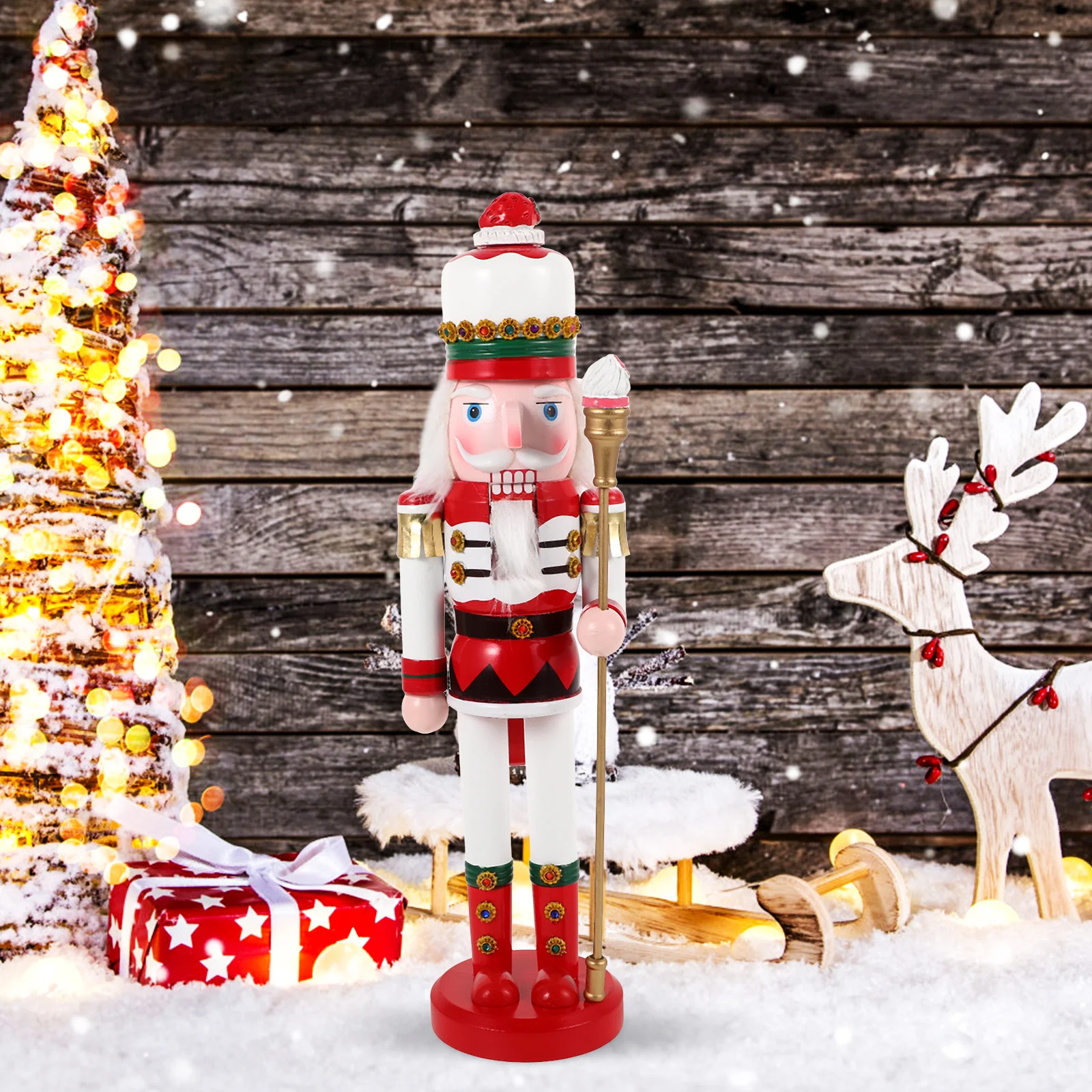 

38cm Wooden Nutcracker King Figurine Candy Ice Cream Christmas Decor Xmas Table Shelf Mantel Home Hotel Restaurant Coffee Shop