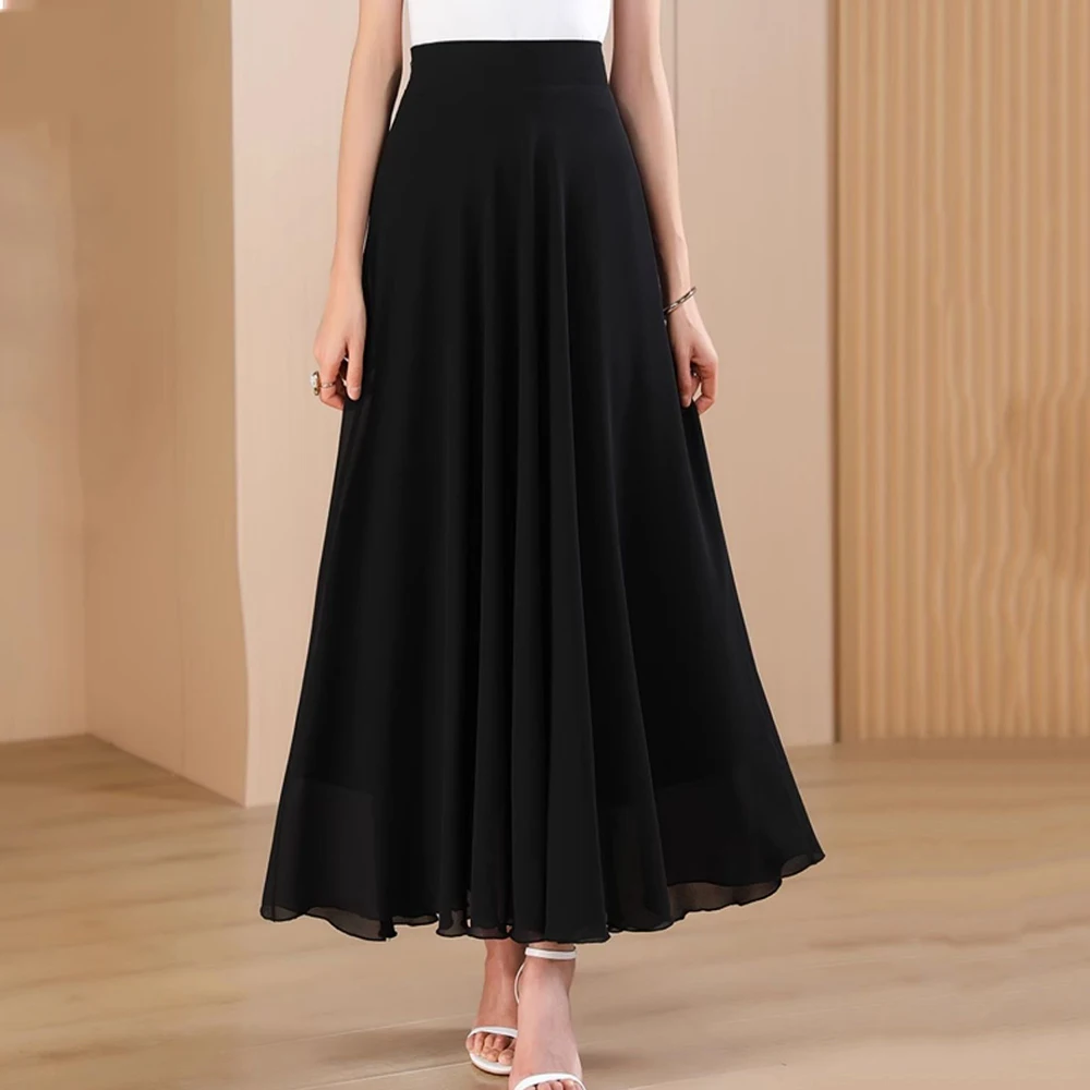 New Women Summer Black Chiffon Skirt Fashion Stretch Waist A-Line Thin Long Skirt Simplicity Flowing Print Ankle-Length Skirt